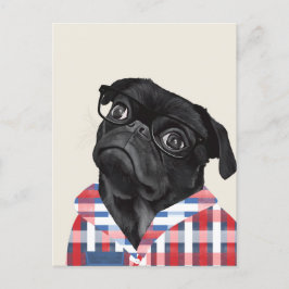 Leuke zwarte pug dog met bril en check Shirt Briefkaart
