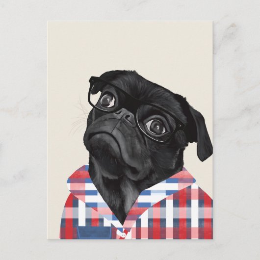 Leuke zwarte pug dog met bril en check Shirt Briefkaart (Voorkant)
