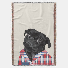 Leuke zwarte pug dog met bril en check Shirt Deken