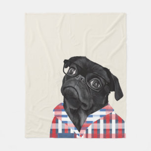 Leuke zwarte pug dog met bril en check Shirt Fleece Deken