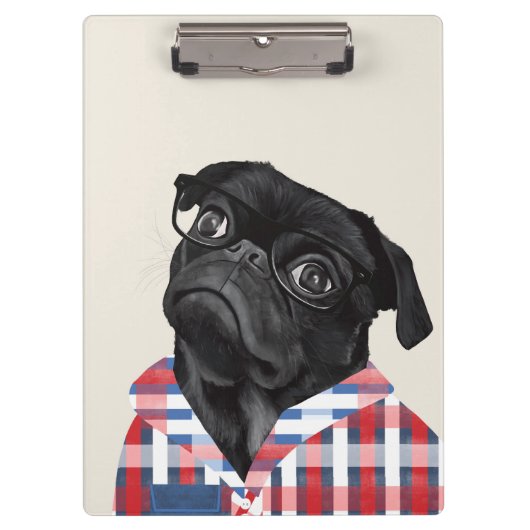 Leuke zwarte pug dog met bril en check Shirt Klembord (Voorkant)