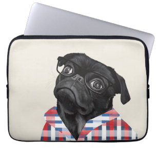 Leuke zwarte pug dog met bril en check Shirt Laptop Sleeve