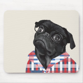 Leuke zwarte pug dog met bril en check Shirt Muismat