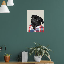 Leuke zwarte pug dog met bril en check Shirt Poster
