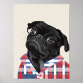Leuke zwarte pug dog met bril en check Shirt Poster (Voorkant)