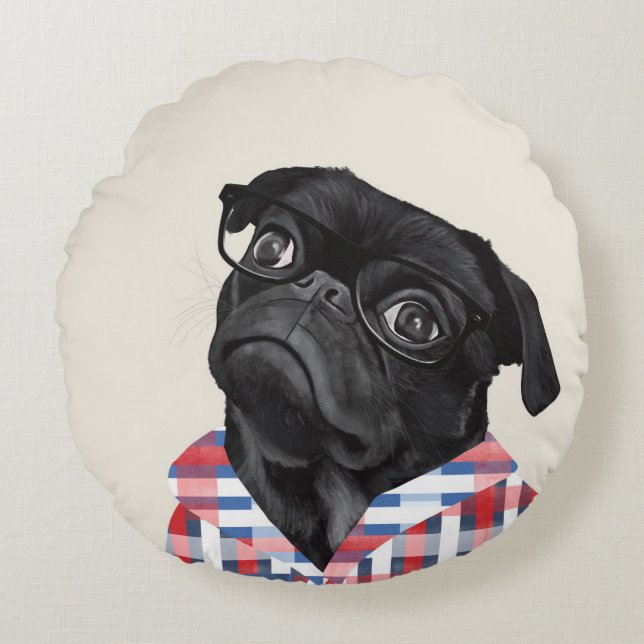 Leuke zwarte pug dog met bril en check Shirt Rond Kussen (Voorkant)