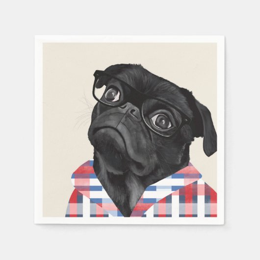Leuke zwarte pug dog met bril en check Shirt Servet (Voorkant)