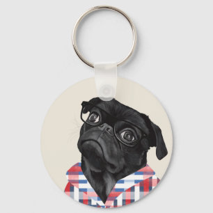 Leuke zwarte pug dog met bril en check Shirt Sleutelhanger