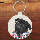 Leuke zwarte pug dog met bril en check Shirt Sleutelhanger (Voorkant)