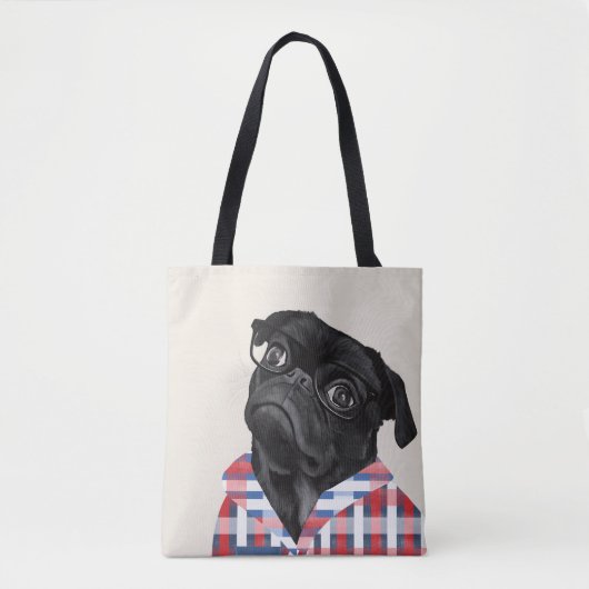 Leuke zwarte pug dog met bril en check Shirt Tote Bag (Voorkant)
