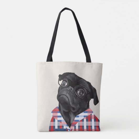 Leuke zwarte pug dog met bril en check Shirt Tote Bag (Achterkant)