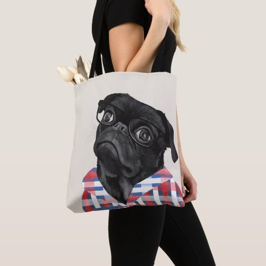 Leuke zwarte pug dog met bril en check Shirt Tote Bag (Dichtbij)