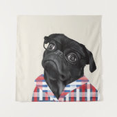 Leuke zwarte pug dog met bril en check Shirt Wandkleed (Voorkant)