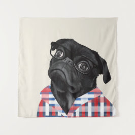 Leuke zwarte pug dog met bril en check Shirt Wandkleed