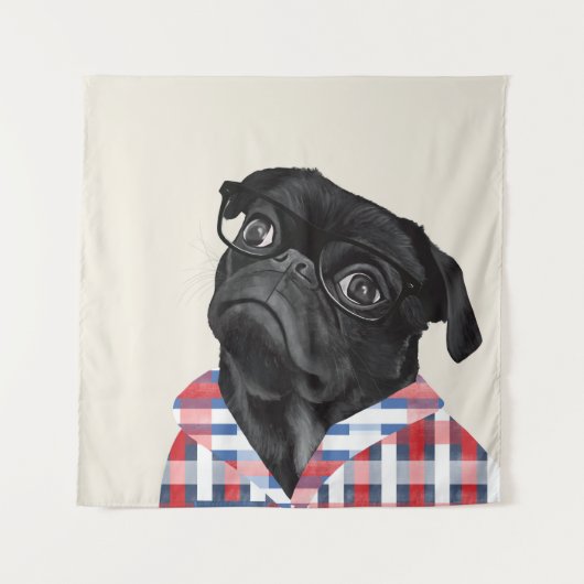 Leuke zwarte pug dog met bril en check Shirt Wandkleed (Voorkant)