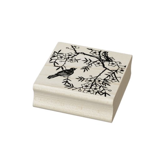 Leuke zwarte vogel boom takken bloemen bessen rubberstempel (Stempel)