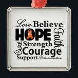 Leukemie Collage of Hope Metalen Ornament<br><div class="desc">Woorden van inspiratie herinneren je eraan wat er echt toe doet als je met uitdagingen wordt geconfronteerd. Draag het op een shirt of laat het zien op een geschenk en andere koopwaar voor Leukemie Bewustheid met onze collage-stijl-eerbetoon shirten, kleding en geschenken die inspirerend zijn en woorden van liefde, geloof, hoop,...</div>