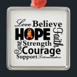 Leukemie Collage of Hope Metalen Ornament<br><div class="desc">Woorden van inspiratie herinneren je eraan wat er echt toe doet als je met uitdagingen wordt geconfronteerd. Draag het op een shirt of laat het zien op een geschenk en andere koopwaar voor Leukemie Bewustheid met onze collage-stijl-eerbetoon shirten, kleding en geschenken die inspirerend zijn en woorden van liefde, geloof, hoop,...</div>