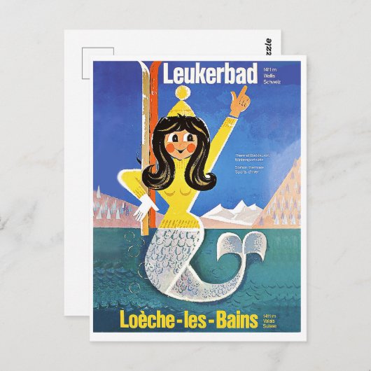 Leukerbad, Zwitserland, zeemeermin met skischoenen Briefkaart (Voorkant / Achterkant)