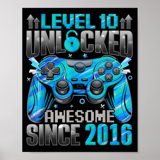 Level 10 Unlocked Awesome Since 2016 10th Birthday Poster (Voorkant)