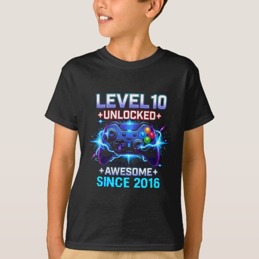 Level 10 Unlocked Awesome Since 2016 10th Birthday T-shirt (Voorkant)