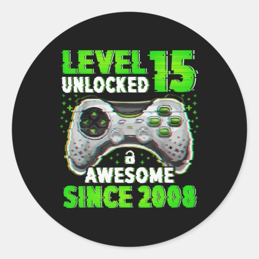 Level 15 ontgrendeld videospel 15 jaar oude jongen ronde sticker (Voorkant)