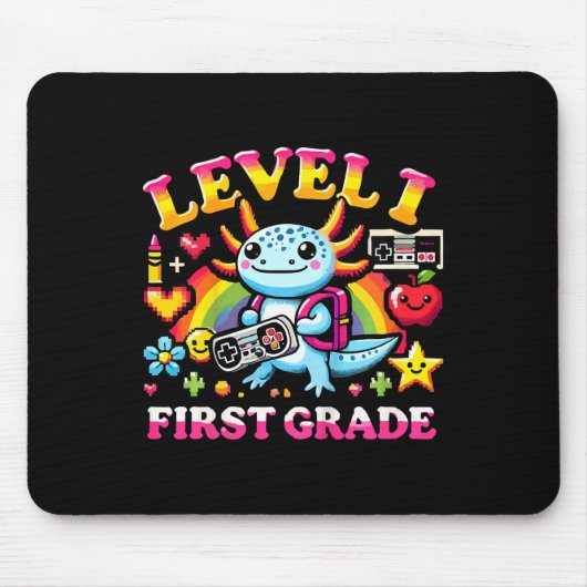 Level 1 First Grade Gamer Axolotl Video Game Ck To Muismat (Voorkant)