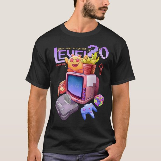 Level 20 ontgrendeld retro gamer verjaardagsmonste t-shirt (Voorkant)