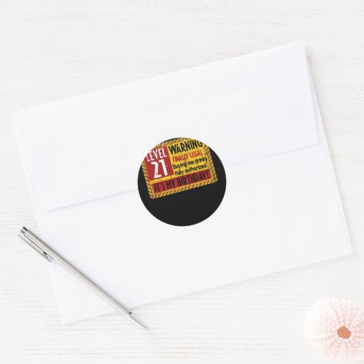 Level 21 Years Old 21st Birthday Warning Finally Ronde Sticker (Envelop)