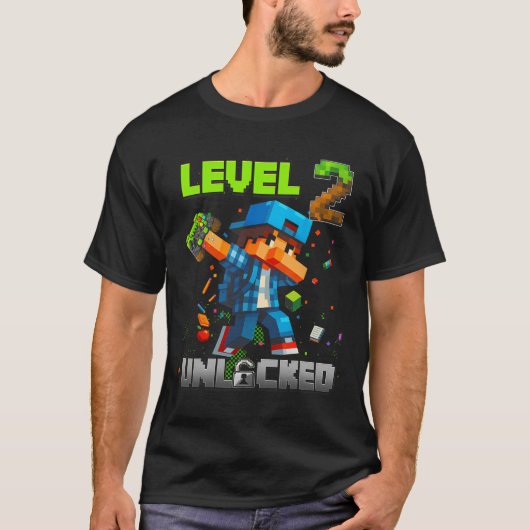 Level 2 Unlocked Funy Birthday Boy Pixel Gamer 2nd T-shirt (Voorkant)