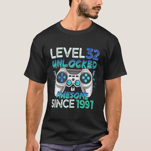 Level 32 Ontgrendeld Geweldig Sinds 1991 32e Gamen T-shirt (Voorkant)