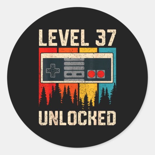 Level 37 Ontgrendeld Videospel Controller Verjaard Ronde Sticker (Voorkant)