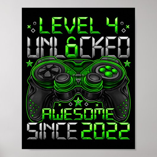 Level 4 Unlocked 4 Year Old Boys 4th Birthday Boy Poster (Voorkant)