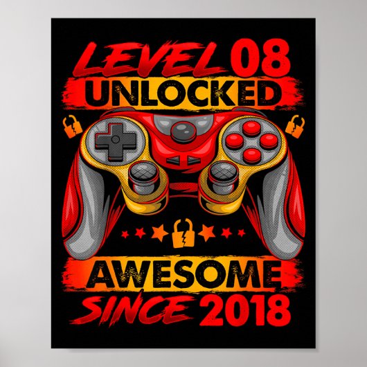 Level 8 Unlocked 8 Year Old Boys 8th Birthday Boy  Poster (Voorkant)