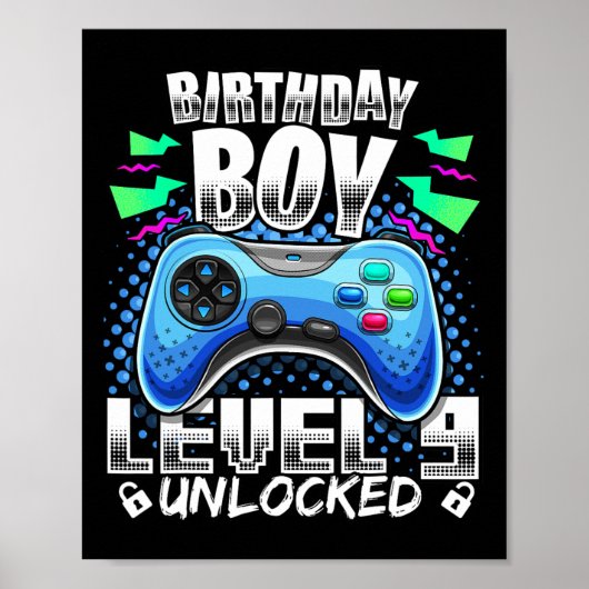 Level 9 Ontgrendeld Videospel 9e Verjaardag Gamer Poster (Voorkant)