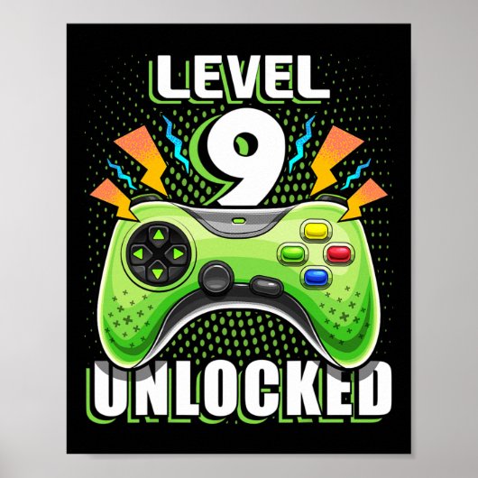 Level 9 Ontgrendeld Videospel 9e Verjaardag Gamer Poster (Voorkant)