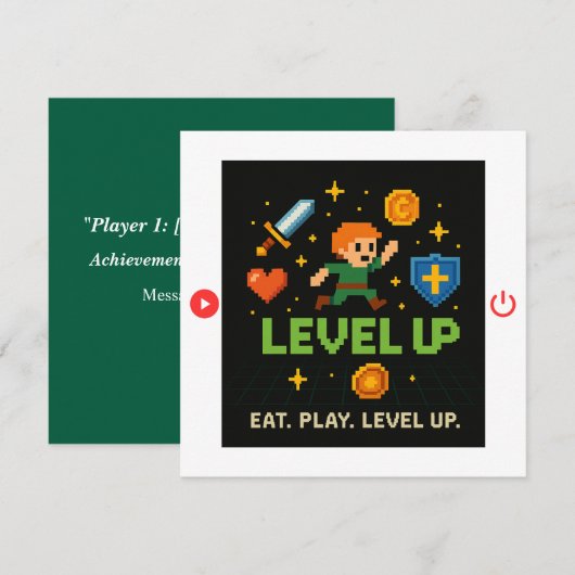 Level Up Birthday Card – Pixel Gamer Flat Card (Voorkant / Achterkant)