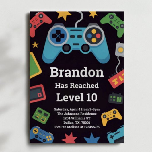 Level Up Boys Gamer 10th Birthday Party Kaart