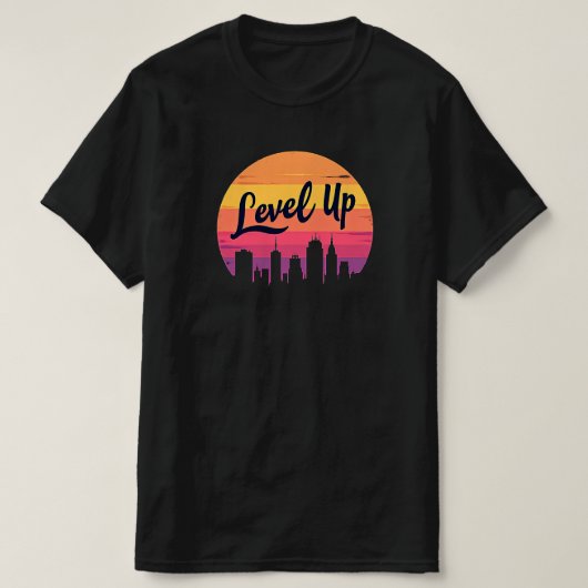 LEVEL UP CITY SKYLINE RETRO ZONSONDERGANG T-SHIRT (Design voorkant)