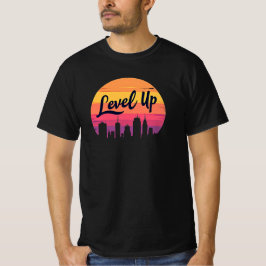 LEVEL UP CITY SKYLINE RETRO ZONSONDERGANG T-SHIRT