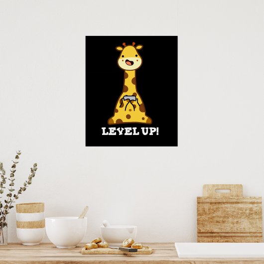 Level Up Funny Giraffe Pun Dark BG Poster (Keuken)