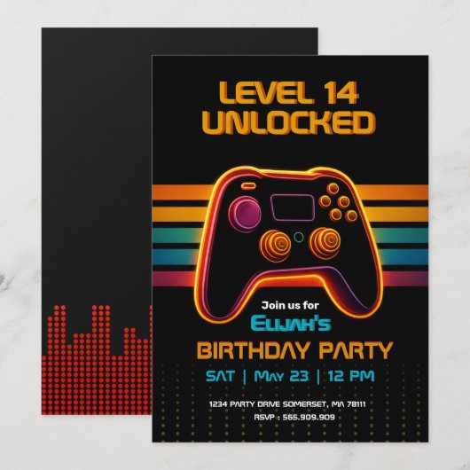 Level Up Gamer Birthday Invitation – Neon Game Kaart (Voorkant / Achterkant)