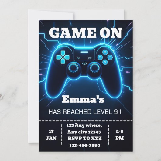 Level Up Gamer Birthday Invitation – Neon Game Kaart (Voorkant)