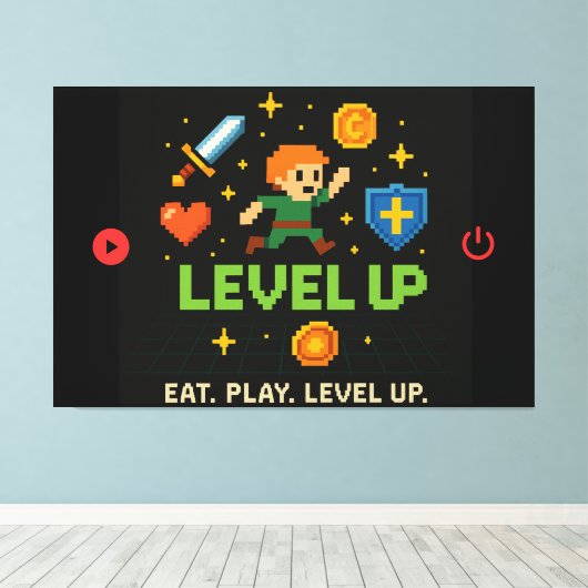 Level Up Gamer Canvas – Pixel Retro Wall Art (Insitu (Houten vloer))