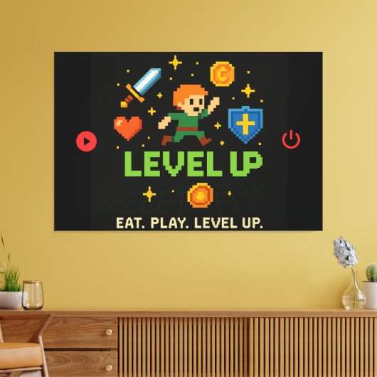Level Up Gamer Canvas – Pixel Retro Wall Art Afdruk (Insitu (Woonkamer))