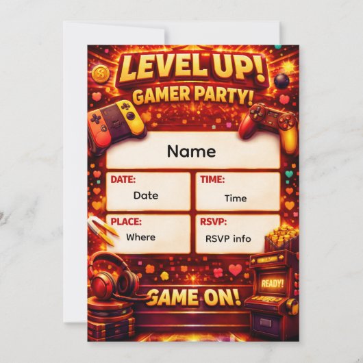 Level Up Gamer Feest Uitnodiging  (Voorkant)