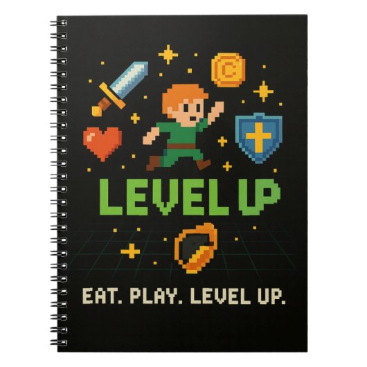 Level Up Gamer Notebook – Retro Pixel Gaming Style Notitieboek (Voorkant)