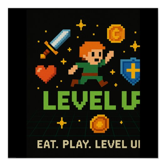 Level Up Gamer Poster – Retro Pixel Gaming Art (Voorkant)