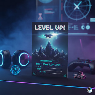 Level Up Gamer Space Sci-Fi Glitch Verjaardag Kaart