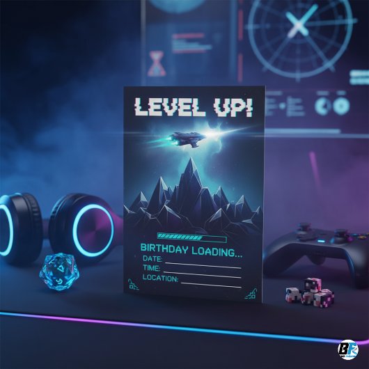 Level Up Gamer Space Sci-Fi Glitch Verjaardag Kaart